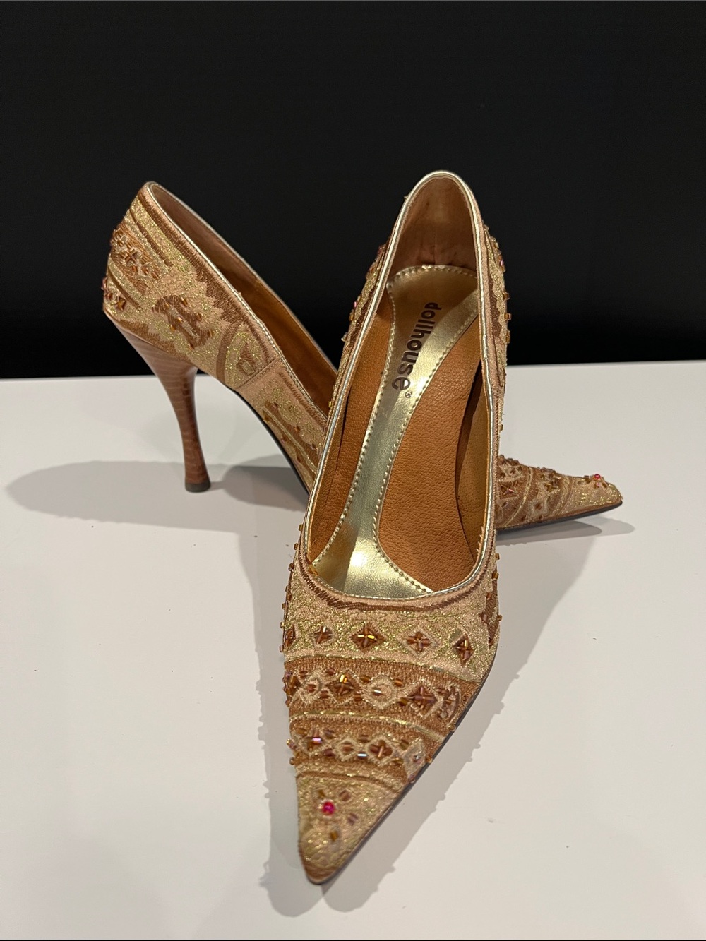 Dollhouse Metallic Gold Embellished Pointed-Toe Pumps